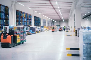 Modern LED warehouse lights installed in a large storage facility